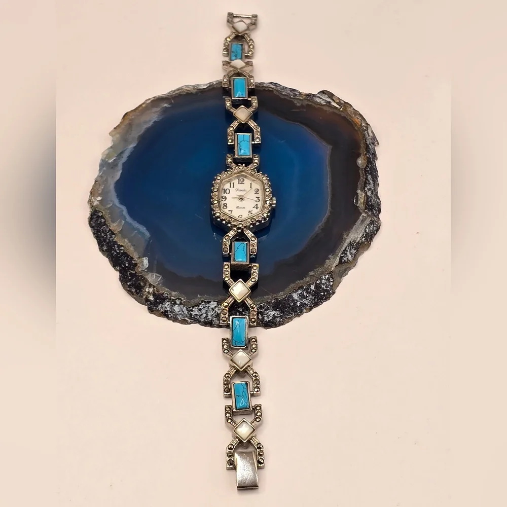Xanadu Quartz Japan Movement Faux Turquoise & Marcasite Vintage Watch